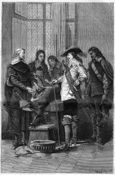 Ervaring van William Harvey (1578-1657), Engelse arts die Karel I Stuart (1600-1649) koning van Engeland en artsen van het Royal College of London het fenomeen van de bloedsomloop toont op een levende hinde. Gravure in "La Nature"