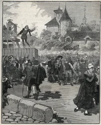 Ervaring met mechanisch munten door Nicolas Briot (Graveur van het Koninkrijk Frankrijk) (1579-1646) in 1616. Gravure uit 1885 in “Les arts et métiers illustrés” door Adolphe BITARD