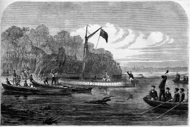 Verkenning van journalist Henry Morton Stanley (1841-1904) op zoek naar Dr. David Livingstone (1813-1873), een Britse arts en ontdekkingsreiziger in Zuidelijk Afrika. Gravure in 