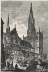 Buitenaanzicht van de Notre Dame Kathedraal in Konstanz, Duitsland. Gravure in 