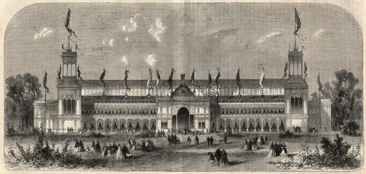 Buitenaanzicht van het paleis van de derde Duitse nationale schot in Wenen, Oostenrijk. Gravure in 