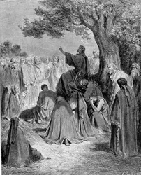 Uittreksel uit het Evangelie van St. Matteüs. Jezus Christus predikt voor de menigte van zijn discipelen. Gravure uit de 19e eeuw.