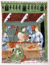 Stoffenhandelaar (kleermaker?) en naaister in de Middeleeuwen