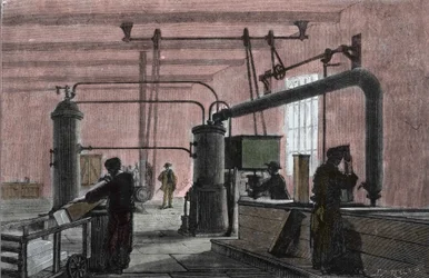 Fabriek voor de productie van ijs met het systeem van Ferdinand Carre (1824-1894). Gravure uit de 19e eeuw.