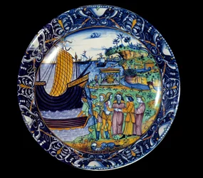 Faience schaal die de aankomst van Enee in Delos toont, ontvangen door koning Arius