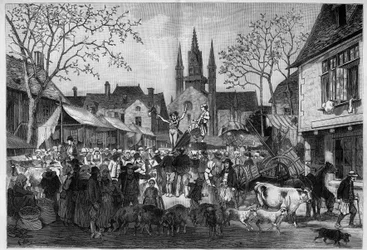 Kermis in Bretagne op het plein van een dorp. Gravure in "Le Monde Illustré"