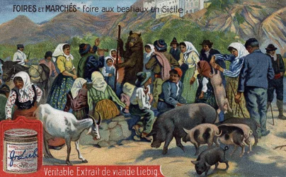 Beurzen en markten: veehandel in Sicilië. Chromolithografie, Liebig afbeelding.