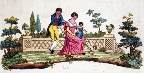 Familie in een park. Vroege 19e-eeuwse gravure.
