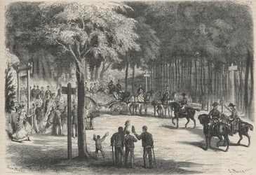 Familieverblijf in Fontainebleau: excursie van hun majesteiten naar de ruïnes van Franchart. Een bruiloft begroet de passage van Keizer Napoleon III (1808-1873) en zijn familie. Gravure in 