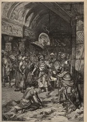 Beroemde diamanten: maharadja van Lahore, Ranjit Singh (1780-1839), neemt de Koh-i Nor-diamant over. Gravure uit 1885 in “Les arts et métiers illustrés” door Adolphe BITARD