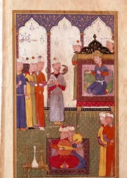 Feest georganiseerd door de Sultan met slangenbezweerder en miniatuurmuzikanten uit een 16e-eeuws manuscript