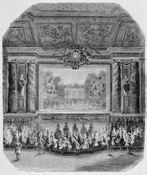Feest van Lodewijk XIV, door de hertog van Saint Aignan (Komedie in muziek, gespeeld in het park van Versailles) Gravure