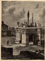 Finistère - Bretagne - Het calvarie van Pleyben - Parochieomheining van Pleyben - gravure in 
