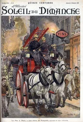 Brand in Parijs: een brandweer alarm. Gravure in 