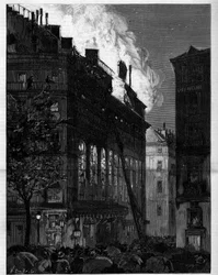 Brand van de Opera Comique in Parijs gezien vanaf Rue Marivaux en Boulevard des Italiens op 26 mei 1887. Gravure in 