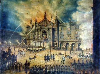 Brand van de Weense Opera Wiener Ringtheater in 1881. 19e-eeuwse tekening