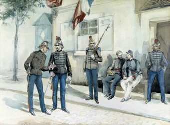 Brandweerlieden voor hun kazerne in 1870