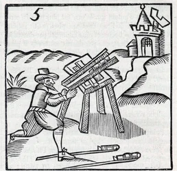 Vuurwerk en vuurwerk: Ambachtsman die stokjes gooit. Reproductie van de gravures van het werk van de Franse jezuïet Jean Leurechon 