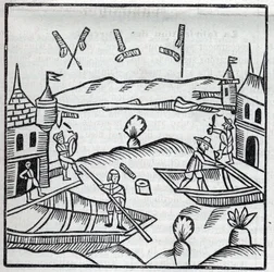 Vuurwerk en vuurwerk: Vuurwerk op water. Reproductie van de gravures van het werk van de Franse jezuïet Jean Leurechon La recreation mathematiques, ou Interview facetieux sur plusieurs plaisants problemes, en fait d