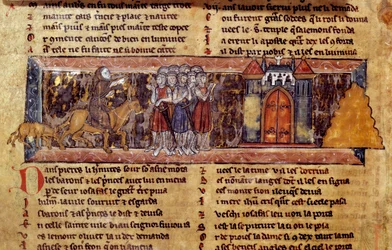 Eerste Kruistocht (1096-1099): Peter de Kluizenaar (1050-1115), Franse religieuze leider van de Eerste Kruistocht, spreekt de kruisvaarders toe. Handschrift van de Zwaanridder