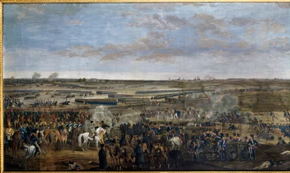 Eerste Keizerrijk: Keizer Napoleon I (1769-1821) (op het witte paard) bij de Slag bij Leipzig (Slag der Naties), 16-19 oktober