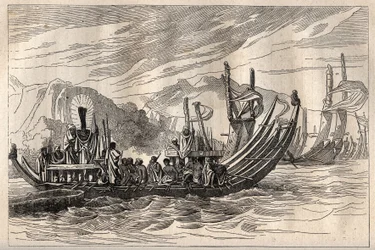 Eerste reis (1768-1771) van kapitein James Cook (1728-1779): de Tahiti vloot verzameld in Oparee - illustratie uit De Grote Zeevaarders van de 18e eeuw