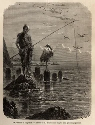 Visser van Yedo Bay (of Edo, het huidige Tokio), gegrepen door een adelaar, een lage maree, de boten leggen de vissers op blokken steen die droog in de baai zijn gelegd, de laatsten blijven rechtop, onbeweeglijk en vissen met de haak van de vis die ze in e