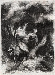 Vlucht van Angelica tijdens de strijd - gravure van 1851 uit 
