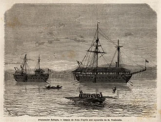 Drijvende gevangenissen van Frans-Guyana, een kolonie gewijd aan de gevangenschap van degenen die de rechtbanken overnamen en de mannen die moesten blijven. Gravure ter illustratie van de reis in Frans-Guyana in 1862-1863, door Frederic Bouyer, fregatkapit