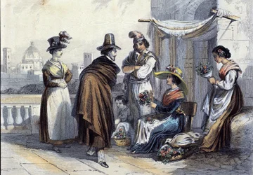 Bloemist in Florence. Lithografie rond 1820