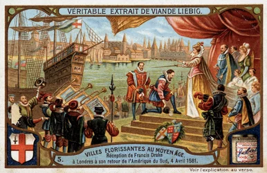 Bloeiende steden van de Middeleeuwen: ontvangst van Francis Drake (1542-1596) in Londen (Engeland), bij zijn terugkeer uit Zuid-Amerika, 4 april