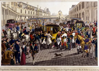 Fontainebleau. Het vertrek van Napoleon Bonaparte naar het eiland Elba. 20/04/1814. Gravure uit de 19e eeuw