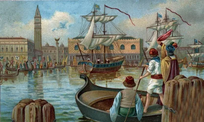 Oude winkelcentra: terugkeer van een Venetiaanse vloot naar Venetië in de 19e eeuw. Chromolithografie van het einde van de 19e eeuw