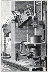 Voormalige stoommachine van Thomas Newcomen momenteel in werking nabij Bristol in Engeland. Gravure in 