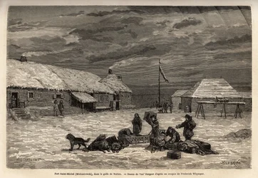 Fort Saint-Michel, Engelse bezitting destijds, in de Golf van Norton. Gravure ter illustratie van de reis en avonturen in Engels Colombia, Vancouver Island en Alaska, door Frederick Whymper