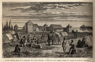 Fort Youkon, in de Golf van Norton, Alaska, gesticht in 1847, een vestiging van de Hudson Bay Company, Indianen gekampeerd rond de palissades. Gravure ter illustratie van de reis en avonturen in Engels Colombia, Vancouver Island en Alaska, door Frederick