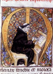 Fra Pietro di Pavia (Frere Pierre de Pavia), een kopiist aan het werk. 14e-eeuws manuscript.