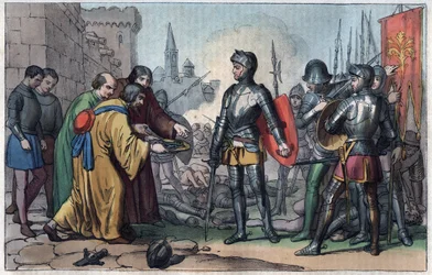 Francesco Ferrucci (1489-1530) ontvangt de sleutels van de stad Volterra - gravure uit „Usi e Costumi di Tutti i Popoli dell