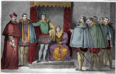 Francis II (1544-60) vertelt de parlementaire afgevaardigden dat de hertog van Guise en de kardinaal de staat zullen besturen