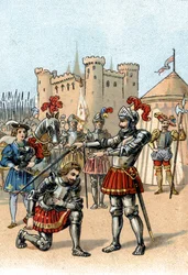 Francis I van Frankrijk vraagt om geridderd te worden door de Chevalier Bayard na de overwinning in de Slag bij Marignano, Italië