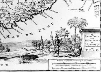 Francisco Pizarro afgebeeld op een kaart van Peru. 17e eeuw