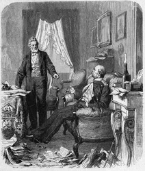 Frans-Duitse Oorlog (1870-1871) interview tussen Graaf Bismarck en M. Jules Favre, september 1870 - politiek interview tussen Kanselier Bismarck (1815-1898), Jules Favre (1809-1880) in Versailles in het huis van Madame Jesse - 19e-eeuwse gravure