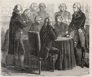 Franse Revolutie: Graaf Louis Marie de Narbonne-Lara toont zijn plannen in de commissies van de vergadering - Gravure in 