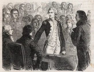 Franse Revolutie: generaal Gilbert du Motier de La Fayette (1757-1834) legt het bevel over de Nationale Garde neer - gravure in 