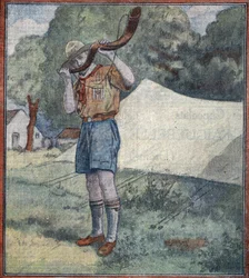Franse padvinder luidt de rally op een kamp in Hongarije (Franse padvinder) Illustratie uit "Le pelerin" 20/8/1933 Privécollectie