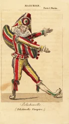 Franse komische danser en mimespeler Charles-Francois Mazurier als Polichinello in Polichinelle Vampire door Theodore de Banville in het Theatre de la Porte Saint-Martin
