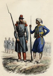 Frans militair uniform: Links, een vreemdelingenlegioen gevormd en gestuurd naar Algerije in 1831. Rechts, inheemse ruiters, getraind en gestuurd naar Algerije in 1841. In 