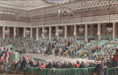 Franse revolutie - De Nationale Vergadering doet afstand van alle privileges, 4 augustus 1789, gegraveerd door Helman - Assemblee - Nationale Afstand van alle - privileges, in Versailles, Zitting van de - Nacht van 4 op 5 augustus 1789