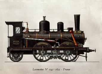 Franse trein: Locomotief Nummer 154 van 1855. Gravure. Parijs, Decoratieve Kunsten