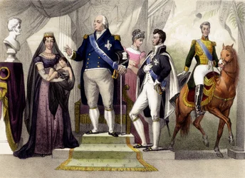 Van 1814 tot 1830. De hertog en hertogin van Berry, Lodewijk XVIII, de hertog van Bordeaux, de hertogin van Angoulême en Karel X. Gravure uit de 19e eeuw